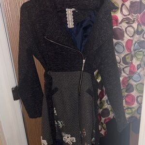Mismash Black and Gray Blazer with Floral Accents and Wraparound Belt